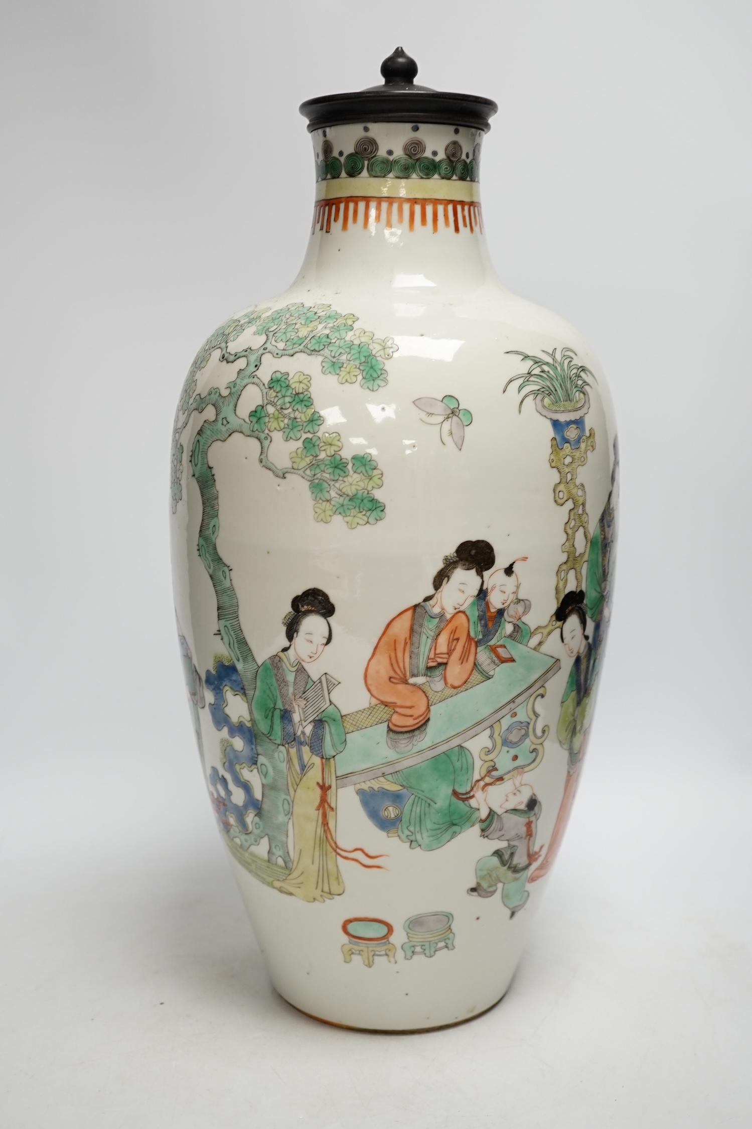 A large Chinese famille verte vase, late 19th century, neck reduced, 45cm